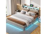 Letto Imbottito In Velluto Proximax 140X200 Cm In Grigio - Letto Matrimoniale Con Illuminazione A Led Sulla Testata E Sul Giroletto, Letto Con Contenitore A Pressione Di Gas Con Spazio Di Archiviazione