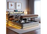 Letto Imbottito In Velluto Proximax 140X190 Cm In Grigio - Letto Matrimoniale Con Illuminazione A Led Sulla Testata E Sul Giroletto, Letto Con Contenitore A Pressione Di Gas Con Spazio Di Archiviazione