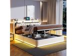 Letto Imbottito Proximax 140X200 Cm In Velluto Beige Con Connessione Usb E Testata Con Ripiano - Letto Matrimoniale Moderno Con Spazio Di Archiviazione, Comfort E Design Elegante