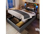 Letto Imbottito Idraulico Flieks 90X200Cm Con Testata Contenitore, Letto Singolo Letto Per Ragazzi Con Led, Letto Contenitore Letto In Legno Con Usb E Type-C, Lino, Grigio