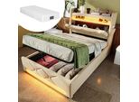 Letto Imbottito Letto Singolo 90 X 200, Testata Contenitore Con Porta Usb E Tipo C ,Letti Led Con Contenitore Idraulico, Beige, Con Materasso