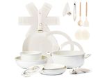 Set Di Pentole In Alluminio Da 22 Pezzi Con 6 Pentole, 3 Coperchi, Manici Rimovibili E Pentola Per Zuppa Da 28 Cm, Bianco Crema