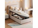 Letto Imbottito Flieks 90X200Cm Con Rete A Doghe, Letto A Molle Con Contenitore, Letto Idraulico Per Giovani Letto Per Bambini Letto Singolo, Lino, Beige