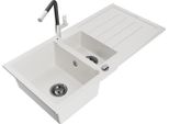 Mexen Andres Lavello In Granito 1,5 Vasche Con Scolapiatti E Miscelatore Cucina Flora, Bianco - 6515-20-670401-07-B