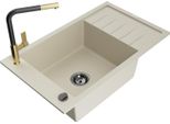 Mexen Elias Lavello In Granito 1-Vasca Con Scolapiatti E Rubinetto Da Cucina Flora, Beige - 6511-69-670401-57-B