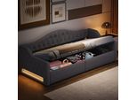 Letto Imbottito Idraulico Flieks 90X200Cm Con Contenitore, Divano Letto Day Bed Con Schienale E Braccioli, Letto Singolo Youth Bed Con Led, Lino, Grigio