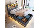 Letto Imbottito In Lino Merax 140X200Cm Con Illuminazione A Led, Connessione Usb, Letto Matrimoniale Con Contenitore Idraulico E Struttura In Metallo, Grigio