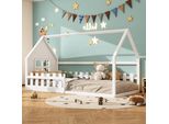 Letto Per Bambini Flieks 90X200Cm Con Rete A Doghe, Letto A Terra Letto Singolo Con Protezione Anticaduta, Letto In Legno Letto Da Gioco Per Bambini, Bianco