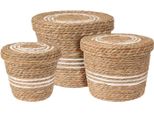 Set Di Cestini Con Coperchio Rotondo In Seagrass - Set Di 3 - 37 / 32 / 26 Cm
