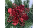 12 Pezzi Decorazione Albero Di Natale Glitter, Decorazione Albero Di Natale In Plastica, Decorazione Floreale Natalizia, Ornamento Albero Di Natale, 9Cm, Rosso, Plastica