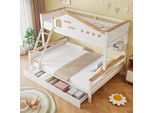 Letto A Castello Sweiko, Letto Per Bambini, Con Sponda Di Sicurezza In Tinta, Due Cassetti, Con Finestra, Con Scala Inclinata A Quattro Gradini E Cassetti, Ripiano Aperto, Pino+Mdf, Bianco+Naturale, 90X200Cm&140X200Cm