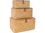 Set Di 3 Cestini Con Coperchio - Cestini In Seagrass - 3 Pezzi - Rattan Naturale - Rettangolare