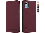 Custodia Per Nokia C12, Flip Case In Finto Cuoio Retrò Con Supporto E Slot Per Carte Di Credito Rosso