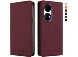 Custodia Per Huawei P50, Flip Case In Finto Cuoio Retrò Con Supporto E Slot Per Carte Di Credito Rosso