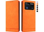 Custodia Per Xiaomi Poco M4 Pro 4G, Retro Custodia Flip In Finto Cuoio Con Supporto E Slot Per Schede Arancione