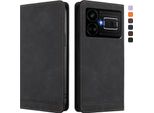Custodia Per Realme GT5 5G, Retro Custodia In Finto Cuoio Flip Con Supporto E Slot Per Carte Nero