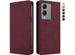 Custodia Per Vivo Y17S, Custodia Retro In Finto Cuoio Con Supporto E Slot Per Carte Di Credito Rosso