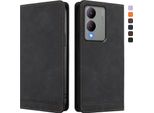 Custodia Per Vivo Y17S, Custodia Retro In Finto Cuoio Flip Con Supporto E Slot Per Carte Nero