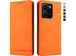 Custodia Per Vivo Y35 4G, Retro Custodia In Finto Cuoio Flip Con Supporto E Slot Per Carte Orange