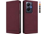 Custodia Per Vivo Y78 Plus, Custodia Retro In Finto Cuoio Flip Con Supporto E Slot Per Carte Rosso