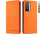 Custodia Per Vivo Y76 5G, Retro Custodia In Finto Cuoio Flip Con Supporto E Slot Per Carte Orange