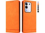 Custodia Per Vivo Y29 4G, Retro Custodia In Finto Cuoio Flip Con Supporto E Slot Per Carte Orange