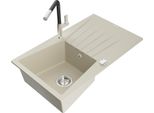 Mexen Cesar Lavello Da Cucina In Granito 1-Vasca Con Scolapiatti E Rubinetto Flora, Beige - 6514-69-670401-07