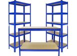 2 Scaffali Da 90 Cm Con Portata Di 280 Kg E 1 Banco Da Lavoro Da 120 Cm In Acciaio Blu Mdf