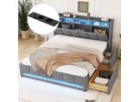 Letto Imbottito, 140 X 200 Cm, Senza Materasso, Luce Led, Letto Con Cassetti Con Prese E Usb, Biancheria, Grigio