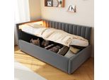 Flieks Letto Imbottito Idraulico Divano Letto 90X200Cm Con Led, Divano Con Funzione Letto, Letto Da Giorno Letto Singolo Letto In Legno Velluto, Grigio Scuro