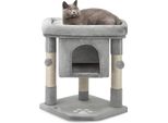 Tiragraffi Lionto Per Gatti 60 Cm, Con Grotta Di Coccole, Palline Di Peluche E Robusti Paletti In Sisal, Salvaspazio E Moderno, Grigio Chiaro