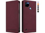 Custodia Per Realme C21Y, Custodia Retro In Finto Cuoio Con Supporto E Slot Per Carte Di Credito Rosso