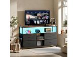 Mobile Tv 108 Cm Con Led, Piano Effetto Legno Tigrato, 4 Cassetti In Tessutopoliuretanonero, Robusta Struttura In Metallo, Piedini Regolabili, Stile Retro-Moderno