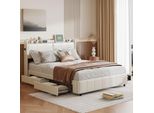 Letto Matrimoniale 160 X 200 Con 4 Cassetti, Letto Imbottito 160 X 200 Con Ricarica Usb, Pu, Beige