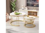 Tavolini Da Caffè Rotondi - Piano In Marmo Bianco Con Struttura A U In Metallo Dorato - Design Moderno Ed Elegante Per Il Soggiorno