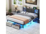 Letto 160X200 Cm Con Usb E 2 Cassetti, Testata Imbottita In Pu, Struttura In Metallo E Legno, Letto Matrimoniale Con Illuminazione A Led, Senza Materasso