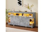 Merax Credenza Lucida 140 Cm Con Led, Mobile Da Soggiorno Con Ante In Vetro, 3 Armadi E 6 Scomparti, Cassettiera Moderna Con Vetro Temperato, Grigio