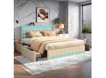 Letto Imbottito Fortuna Lai Letto Matrimoniale 180X200 Con Testata A Led E Porta Usb, Letto Contenitore Con 4 Cassetti, Struttura Letto Con Rete A Doghe E Giroletto, Lino, Beige