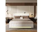 Letto Imbottito Fortuna Lai Letto Matrimoniale 140×200 Cm, Letto Contenitore Idraulico Con Led E Funzione Di Ricarica Usb, Struttura Letto Funzionale Con Vano Contenitore E Rete A Doghe, Lino, Beige