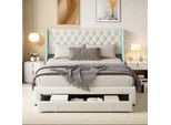 Letto Imbottito Fortuna Lai 160X200Cm, Letto Matrimoniale Con Rete A Doghe E 3 Cassetti, Illuminazione A Led, Letto Contenitore Con Rivestimento In Velluto, Struttura Letto In Legno Beige Per Camera Dei Ragazzi