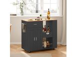 Carrello Da Cucina Su Ruote Fortuna Lai, Carrello Di Servizio Con Piano Di Lavoro, Portasciugamani, 3 Portaspezie E Cassetto, Mobile Da Cucina A Isola In Legno Nero