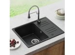 Horow 57X45 Cm Lavello In Granito Lavello Da Cucina In Granito Nero Lavello Da Incasso A 1 Vasca Con Installazione Reversibile, Lavello Con Scarico A Sifone E Troppopieno Garnitu