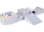 Parco Giochi In Schiuma Con Ponte E Piscina Micro Velvet Soft Grigio Chiaro + 100 Palline: Azzurro, Giallo, Erica, Rosa Cipria, Bianco