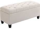 Panca Fortuna Lai Panca Imbottita Con Vano Contenitore, Panca Contenitore, Poliestere Simile Al Lino, Legno Di Gomma, Bianco Crema, 100 X 40 X 44 Cm
