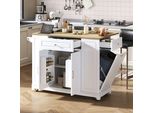Carrello Da Cucina Merax Su Rotelle, Carrello Da Cucina Mobile Con Zona Pranzo Pieghevole, Prese Di Corrente, 2 Cassetti, Vano Portarifiuti, Bianco+Naturale