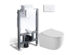 Horow Set Completo Di Elementi Per Wc Da Parete - Cassetta Di Scarico Da 82 Cm + Wc Sospeso + Placca Di Spinta Rotonda Bianca