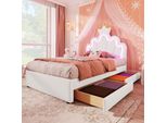 Letto Imbottito Flieks 90X200Cm Con 2 Cassetti, Letto Per Bambini Letto Per Ragazzi Con Testata Regolabile A Forma Di Corona, Letto Singolo Letto In Legno Con Led, Pu, Bianco