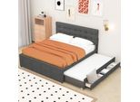 Letto Imbottito Fortuna Lai 140 X 200 Cm Con 3 Cassetti, Rete Matrimoniale Con Letto Estraibile, Letto Familiare Con Rete A Doghe E Testata Regolabile In Altezza, Materiale Lino, Senza Materasso, Grigio