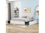 Fortuna-Lai Letto Matrimoniale Imbottito Con Quattro Cassetti Su Due Lati, Testata Regolabile, Beige (140*200Cm)