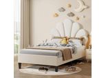 Letto Singolo Imbottito Fortuna-Lai 90 X 200 Cm - Con Testata A Forma Di Fiore, Rete A Doghe, Velluto - Per Adulti E Bambini - Beige